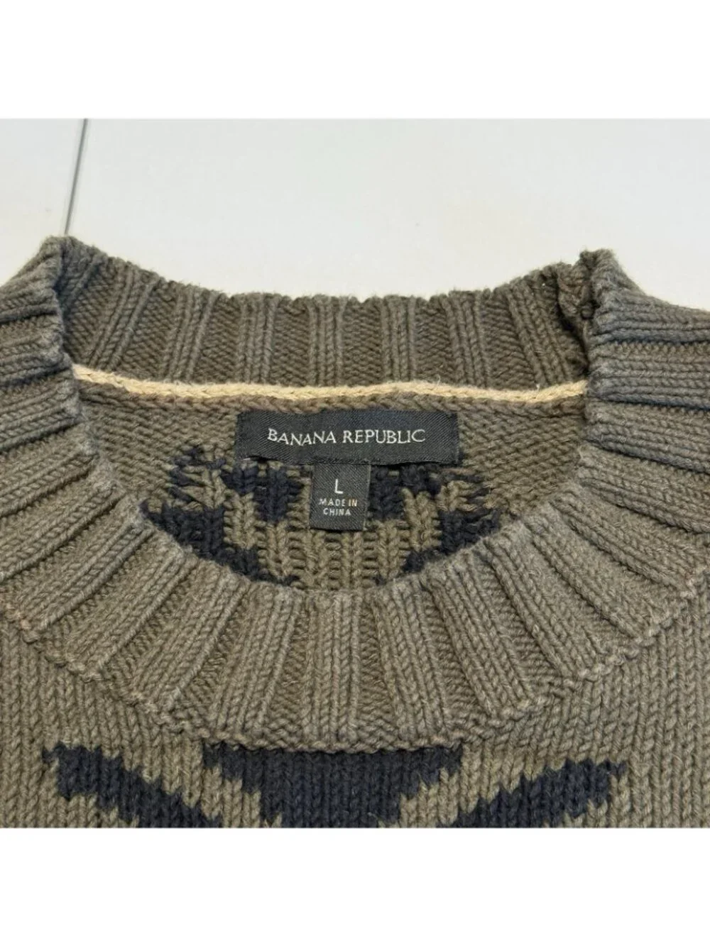 Banana Republic Heavy Knit Khaki Green Black Sweatshirt Aztec Archives Intarsia